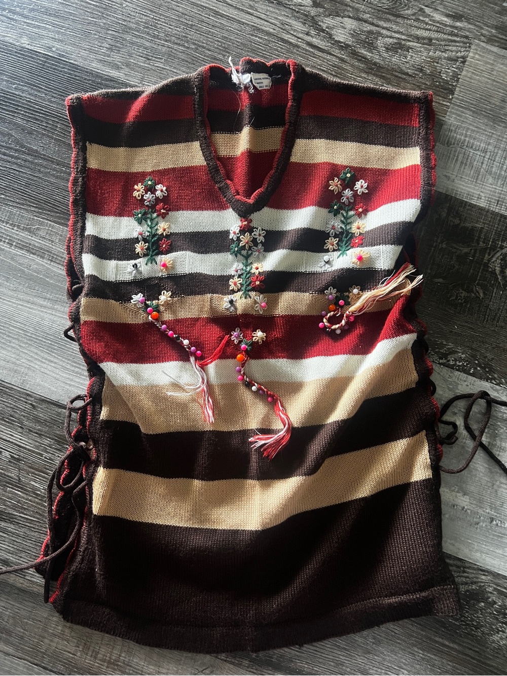 Golden Rose Vintage 70s Striped Embroidered Tassel Poncho Cinch-able Vest Size L